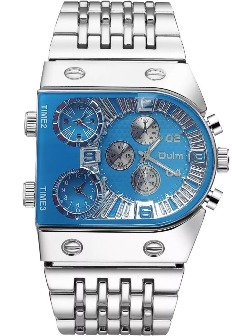 Men's Silver Blue Luxury Rectangle Square Luminous Waterproof Quartz Wrist Watch